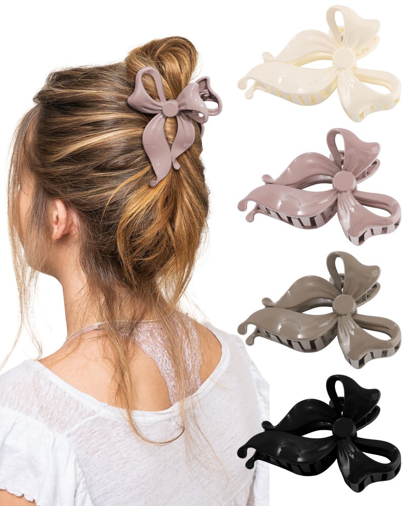 Lourny 4 PCS Bow Hair Clips Bow Claw Clip for Women, Large Hair Claw Clips for Thin Thick Long Hair Cute Nonslip Bows(White+Black+Grey+Naked Pink) - Image 1
