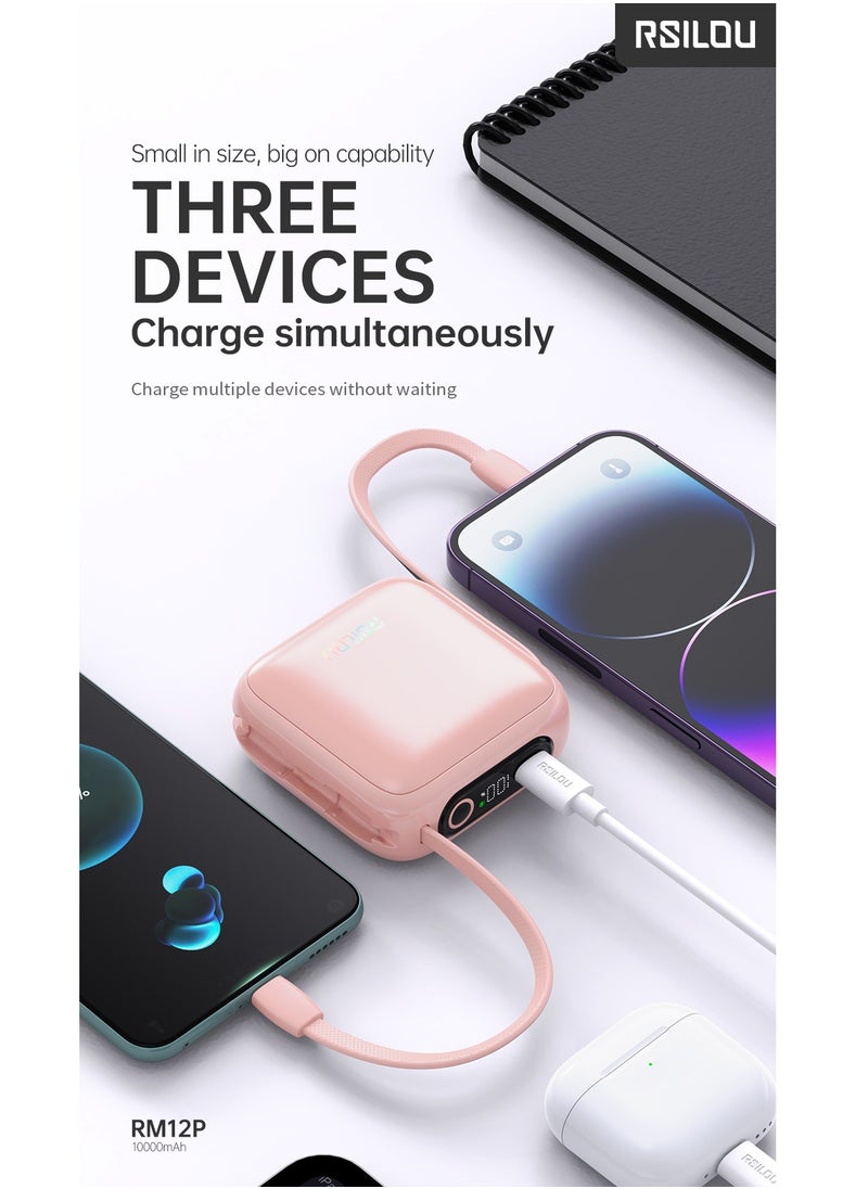 rsilou - rsilou 10000mAh Capacity Power Bank,PD, Built-in Type-C and Lightning Cables, 22.5W Fast Charging Per Port, 38.5 Total Max Output Power, Multi-Device Compatibility, Digital Display - Image 1