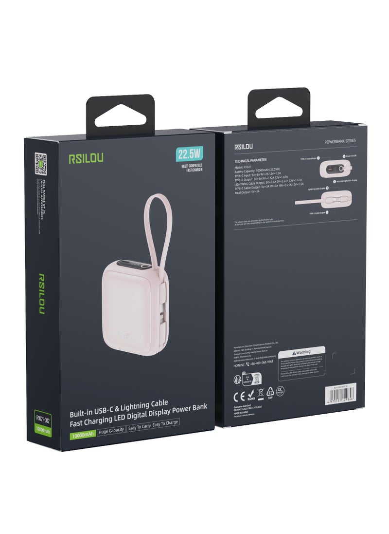 rsilou - rsilou 10000mAh Capacity Power Bank,PD, Built-in Type-C and Lightning Cables, 22.5W Fast Charging Per Port, 38.5 Total Max Output Power, Multi-Device Compatibility, Digital Display - Image 1