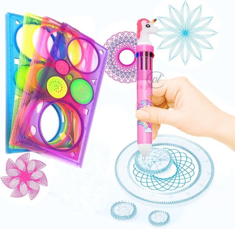Promote 2 pcs Transparent Colorful Plastic Washable Drawing Painting Graphics Unique Scale with Unicorn Multicolor Ten in One Ballpoint Pen| Stencil for Kid Craft, School Project - Image 1