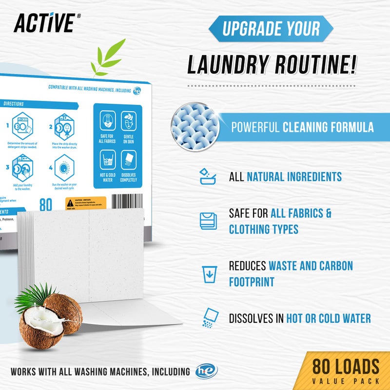 ACTIVE Laundry Detergent Sheets Eco Washing Strips - 80 Loads, Free & Clear Liquidless Clothes Washer Sheet, Zero Waste Travel Laundry Strip, Dissolvable Space Saving Sheets For HE - Fragrance Free - Image 2