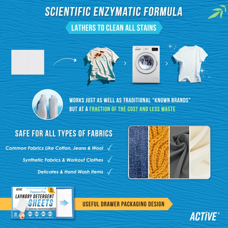ACTIVE Laundry Detergent Sheets Eco Washing Strips - 80 Loads, Free & Clear Liquidless Clothes Washer Sheet, Zero Waste Travel Laundry Strip, Dissolvable Space Saving Sheets For HE - Fragrance Free - Image 4