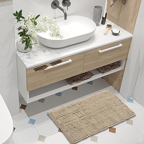 FRESHMINT Chenille Bath Rugs Extra Soft and Absorbent Microfiber Shag Rug, Non-Slip Runner Carpet for Tub Bathroom Shower Mat, Machine-Washable Durable Thick Area Rugs (Light Brown, 24" x 17") - Image 2