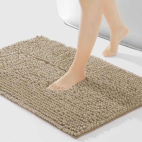 FRESHMINT Chenille Bath Rugs Extra Soft and Absorbent Microfiber Shag Rug, Non-Slip Runner Carpet for Tub Bathroom Shower Mat, Machine-Washable Durable Thick Area Rugs (Light Brown, 24" x 17") - Image 1
