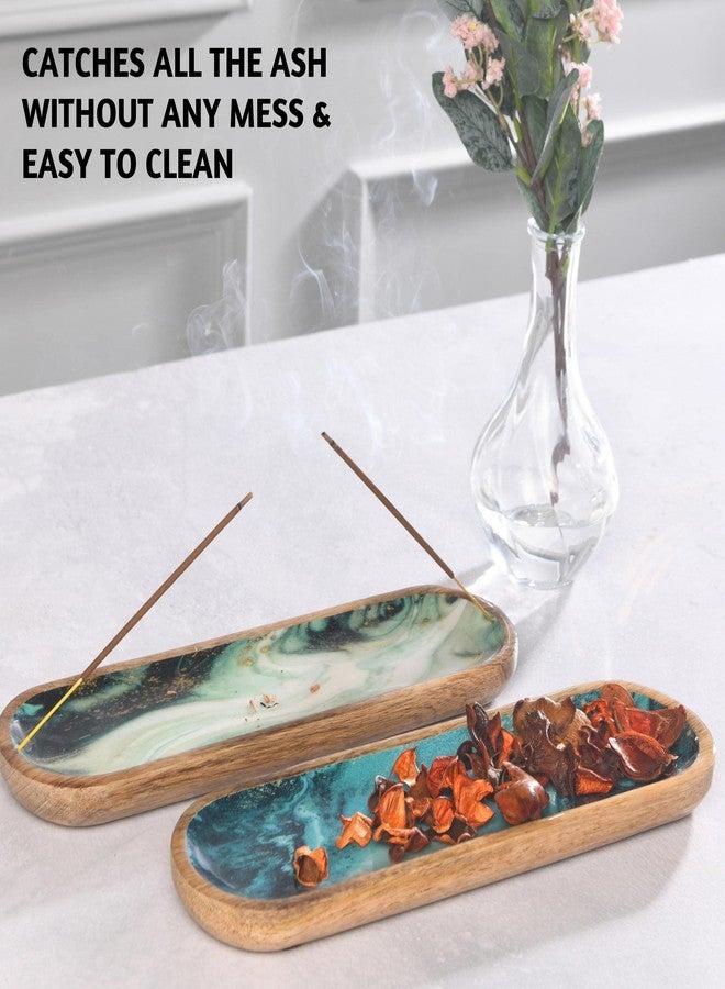 Folkulture Incense Holder or Incense Burner, Incense Holder for Sticks or Wooden Incense Tray for Sticks, Modern Insence-Stick Holder, Ash Catcher, Mango Wood, Set of 2, Blue and Green Agate - Image 5