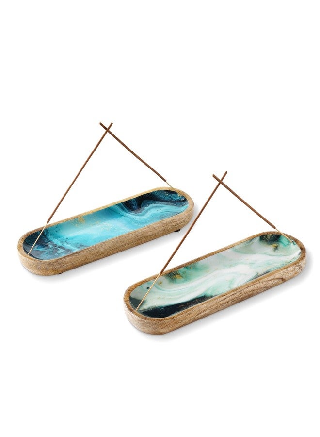 Folkulture Incense Holder or Incense Burner, Incense Holder for Sticks or Wooden Incense Tray for Sticks, Modern Insence-Stick Holder, Ash Catcher, Mango Wood, Set of 2, Blue and Green Agate - Image 1