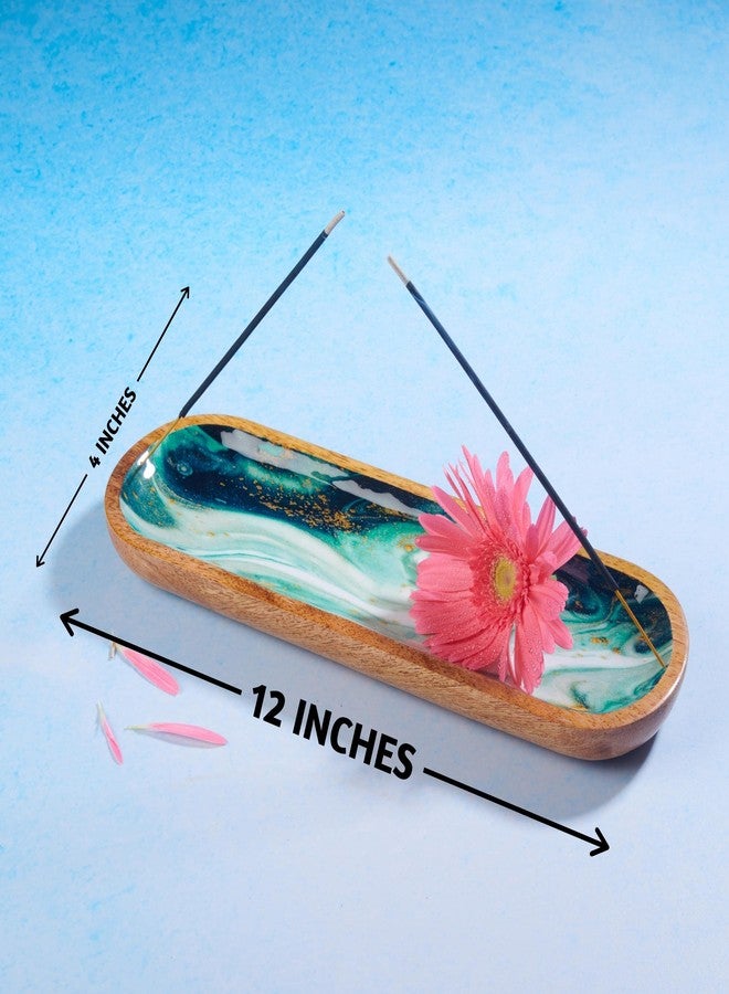 Folkulture Incense Holder or Incense Burner, Incense Holder for Sticks or Wooden Incense Tray for Sticks, Modern Insence-Stick Holder, Ash Catcher, Mango Wood, Set of 2, Blue and Green Agate - Image 4