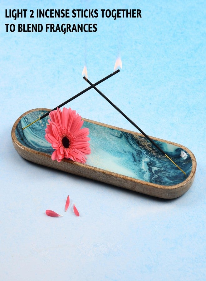 Folkulture Incense Holder or Incense Burner, Incense Holder for Sticks or Wooden Incense Tray for Sticks, Modern Insence-Stick Holder, Ash Catcher, Mango Wood, Set of 2, Blue and Green Agate - Image 2
