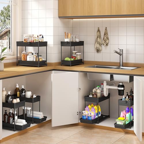 Sevenblue 4 Pack Under Sink Organizer, Bathroom Organizers and Storage, 2 Tier Multi-Use Pull Out Cabinet Organizer with Hang Hooks and Cups (Black, 4 Pack) - Image 4