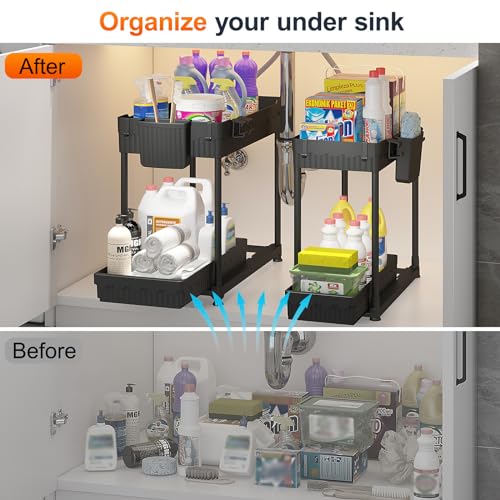 Sevenblue 4 Pack Under Sink Organizer, Bathroom Organizers and Storage, 2 Tier Multi-Use Pull Out Cabinet Organizer with Hang Hooks and Cups (Black, 4 Pack) - Image 3