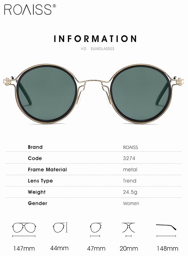 Women's Round Sunglasses UV400 Protection Sun Glasses with Gold Metal Frame and Green Lenses Fashion Anti Glare Sun Shades with Glasses Case 47mm
