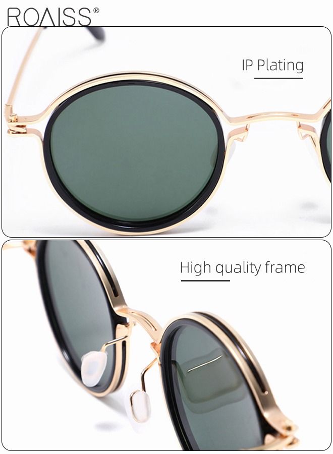 Women's Round Sunglasses UV400 Protection Sun Glasses with Gold Metal Frame and Green Lenses Fashion Anti Glare Sun Shades with Glasses Case 47mm