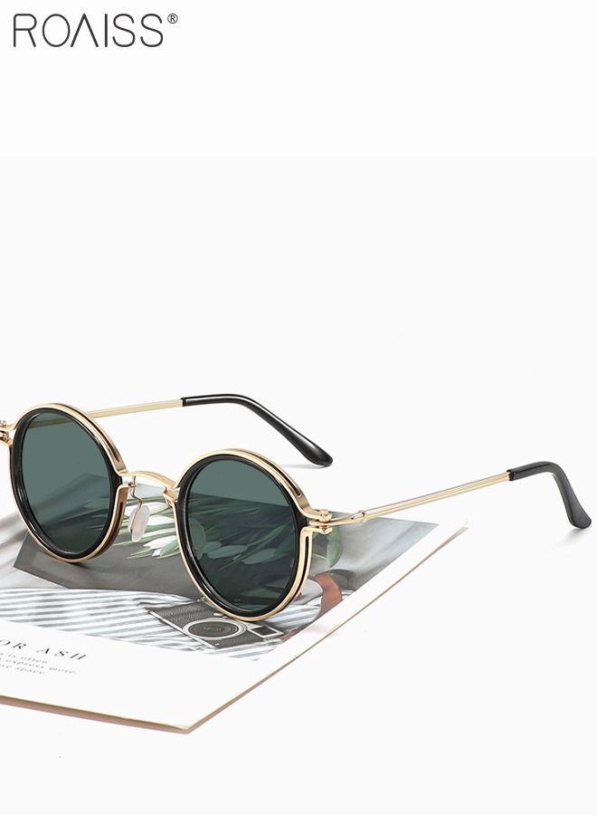 Women's Round Sunglasses UV400 Protection Sun Glasses with Gold Metal Frame and Green Lenses Fashion Anti Glare Sun Shades with Glasses Case 47mm