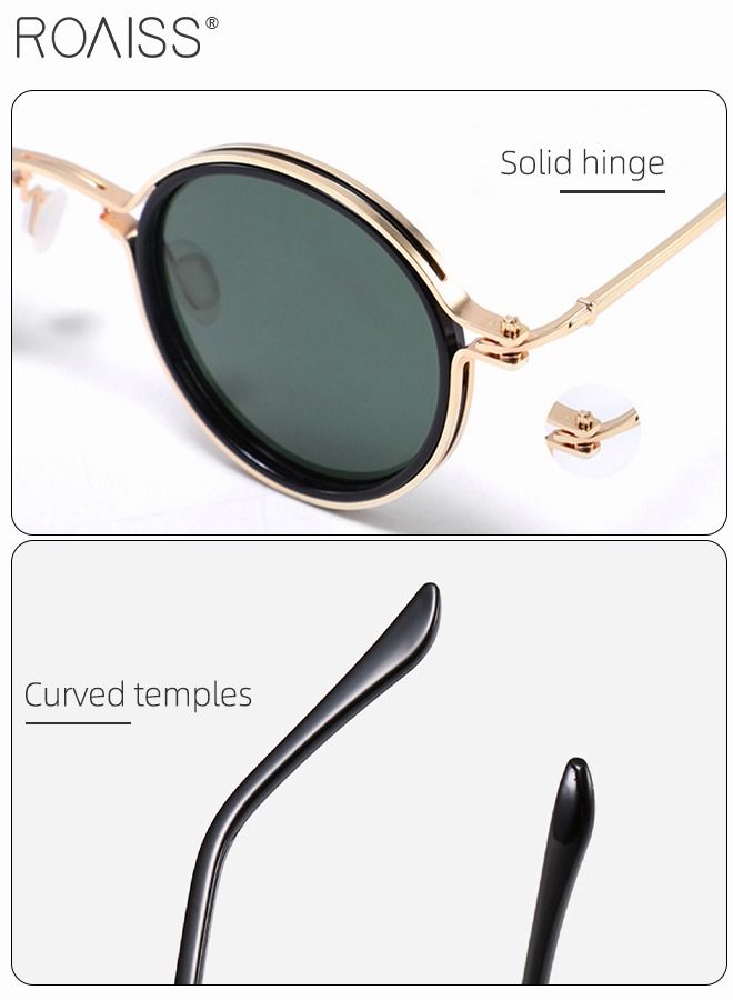 Women's Round Sunglasses UV400 Protection Sun Glasses with Gold Metal Frame and Green Lenses Fashion Anti Glare Sun Shades with Glasses Case 47mm