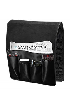 Leather Sofa Armrest Organizer, Non-Slip Armchair Caddy for Couch Remote Control Holder with 5 Pockets Phone, Book, Magazines, Tablet, Recliner Tidy Hanging Storage Bag Arm Chair