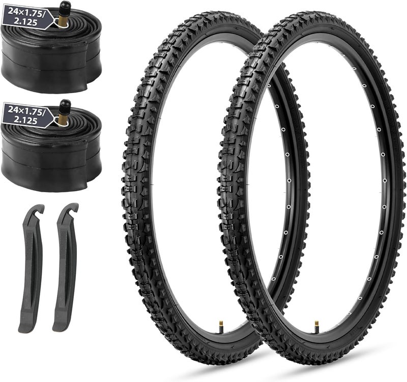 MOHEGIA Mountain Bike Tires Set: 2-Pack 24x1.95 Inch Folding Replacement Bicycle Tires with Inner Tubes and Tire Levers - Image 1