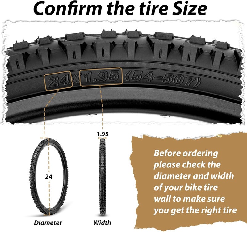 MOHEGIA Mountain Bike Tires Set: 2-Pack 24x1.95 Inch Folding Replacement Bicycle Tires with Inner Tubes and Tire Levers - Image 2