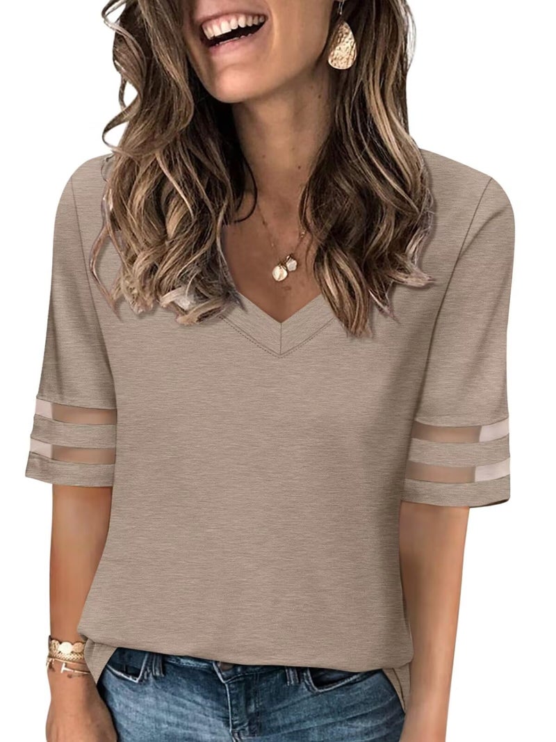 TICTICMISS Women's V Neck T Shirts Mesh Panel Short Sleeve Tops Casual Summer Tees Brown - Image 1