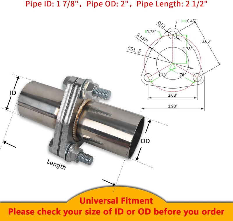 FGJQEFG Exhaust Flange Bolts Quick Fix Repair Pipe Kit with Gasket & Hardware - 2 Inch OD, 3 Bolts, T304 Stainless Steel - Image 2