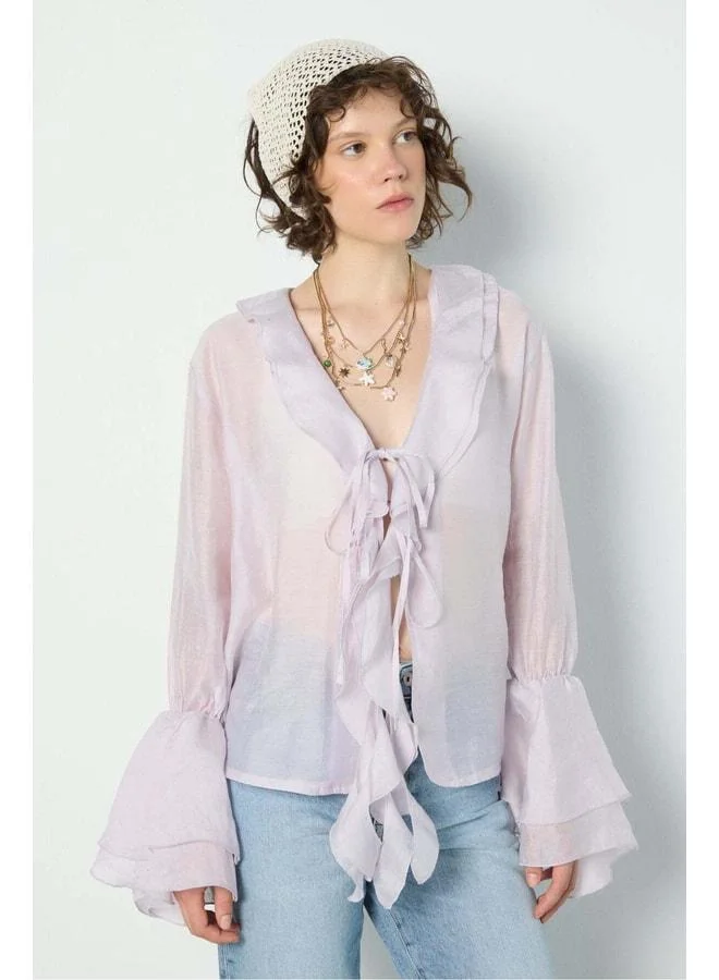 mina aise Frilled Tie-Back Blouse Lilac 31042.