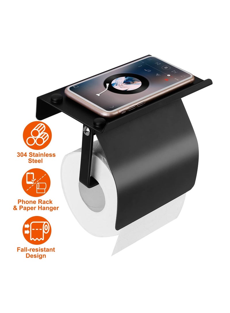 XiuWoo Toilet Paper Holder, Wall Mount Matte Black Holder with Shelf Stainless Steel Tissue for Bathroom(Black) - Image 3