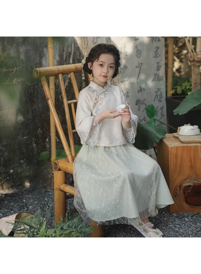 Flag Platinum Qibohanfu Girls' Spring New Style Children's New Chinese-style Outfit, Qingdai Long Sleeve , Size 120 - Image 3