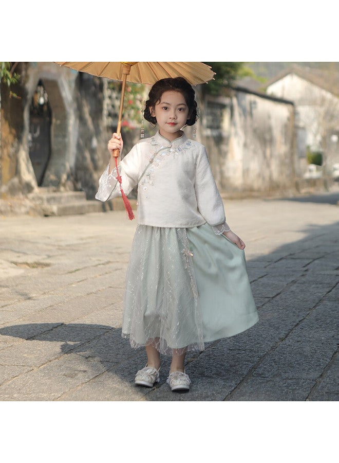 Flag Platinum Qibohanfu Girls' Spring New Style Children's New Chinese-style Outfit, Qingdai Long Sleeve , Size 120 - Image 4