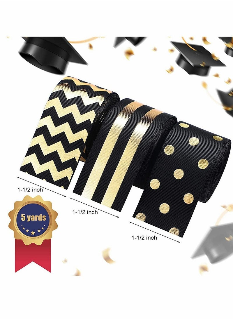 Y&D 3 Rolls Striped Grosgrain Ribbons Dot Fabric Ribbon Styles DIY Craft for Graduation Summer Home Theme Party Decorations Black and Gold  - Image 3