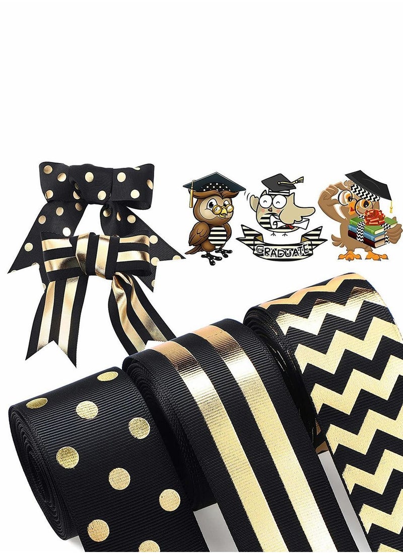 Y&D 3 Rolls Striped Grosgrain Ribbons Dot Fabric Ribbon Styles DIY Craft for Graduation Summer Home Theme Party Decorations Black and Gold  - Image 1
