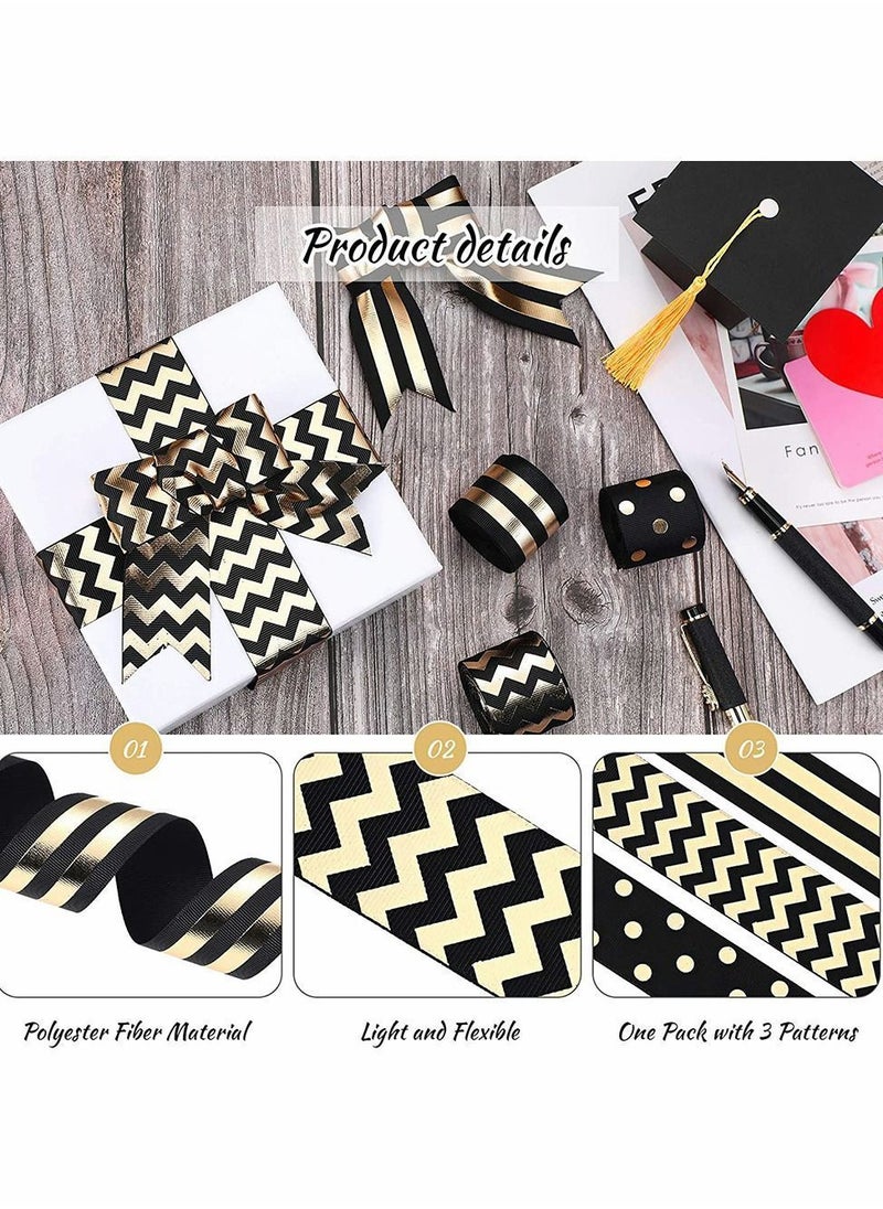 Y&D 3 Rolls Striped Grosgrain Ribbons Dot Fabric Ribbon Styles DIY Craft for Graduation Summer Home Theme Party Decorations Black and Gold  - Image 2