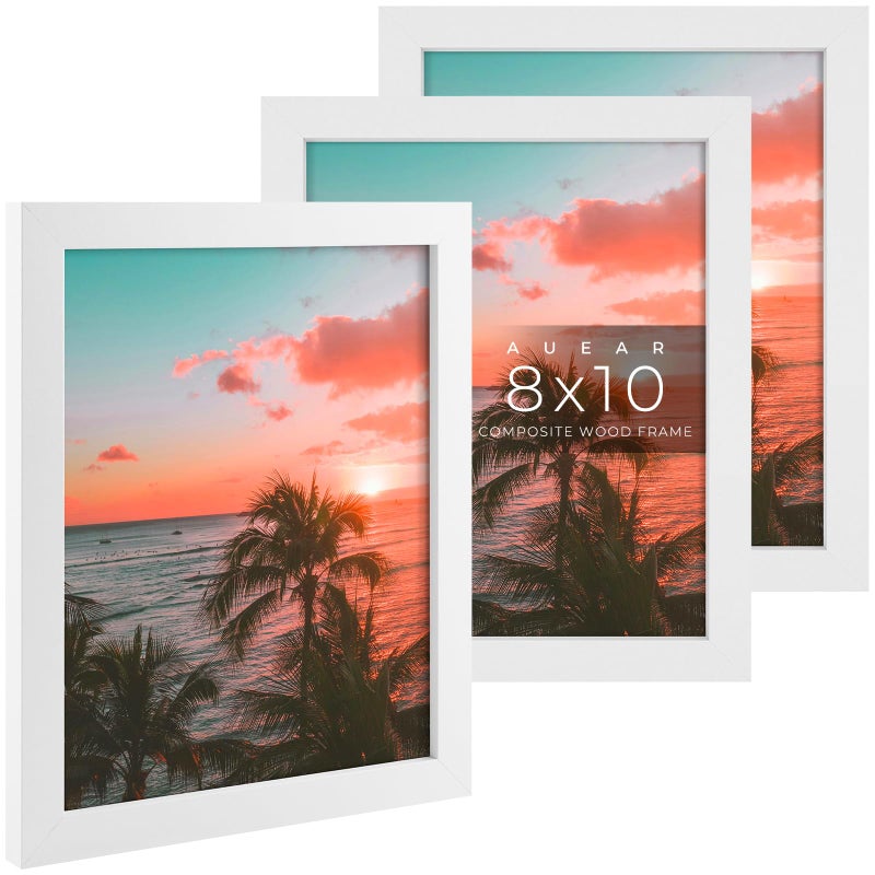 AUEAR  8x10 Picture Frames Set of 3  with Mat for 5x7 or 8x10 without Mat  Engineered Wood Photo Frames with Plexiglass  for Wall or Tabletop Display (White) - Image 1