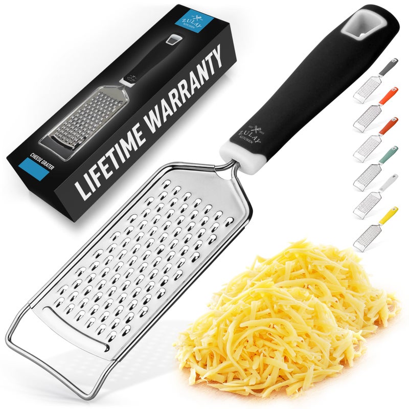 Zulay Kitchen Professional Cheese Grater Stainless Steel - Durable Rust-Proof Metal Lemon Zester Grater With Handle - Flat Handheld Grater For Cheese, Chocolate, Spices, And More - Black - Image 1