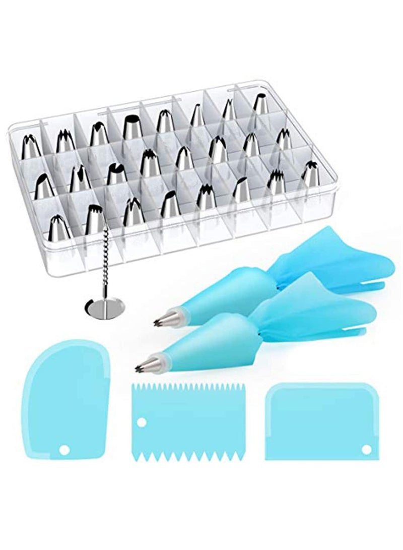 SYOSI Cake Decorating Tools, 32-Piece Cake Decorating Supplies Tips Kits Stainless Steel Baking Supplies Icing Tips With Pastry Bags 3 Icing Smoothers 1 Flower Nails And 2 Reusable Coupler - Image 1