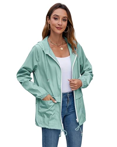 Hount Women's Lightweight Hooded Raincoat Waterproof Packable Active Outdoor Rain Jacket (L, Light Green) - Image 2