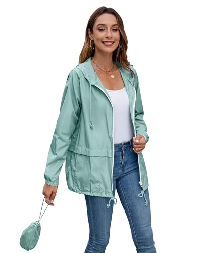 Hount Women's Lightweight Hooded Raincoat Waterproof Packable Active Outdoor Rain Jacket (L, Light Green) - Image 3
