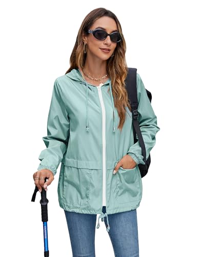 Hount Women's Lightweight Hooded Raincoat Waterproof Packable Active Outdoor Rain Jacket (L, Light Green) - Image 4