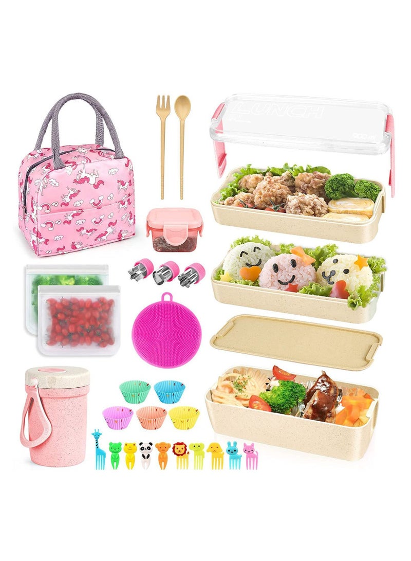 Y&D 27 PCs Bento Box Lunch Kit, Stackable 3-in-1 Compartment Japanese Set w/ Soup Cup Sauce Can, Spoon Fork, Cake Cups, Fruit Picks, Snack Bags, Leakproof Container for kids and Adults - Image 1