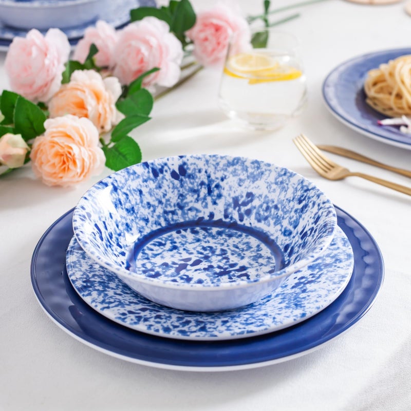 Miss Yip Melamine Dinnerware Set 12 Piece Service for 4 Blue and White Porcelain Tableware Dishes for Indoor and Outdoor Use Unbreakable Plates and Bowls Sets Dishwasher Safe BPA Free