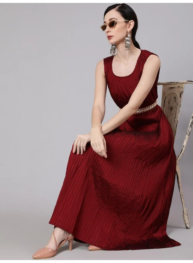 أيه كيه إس Maroon Taffeta Pleated Maxi Dress