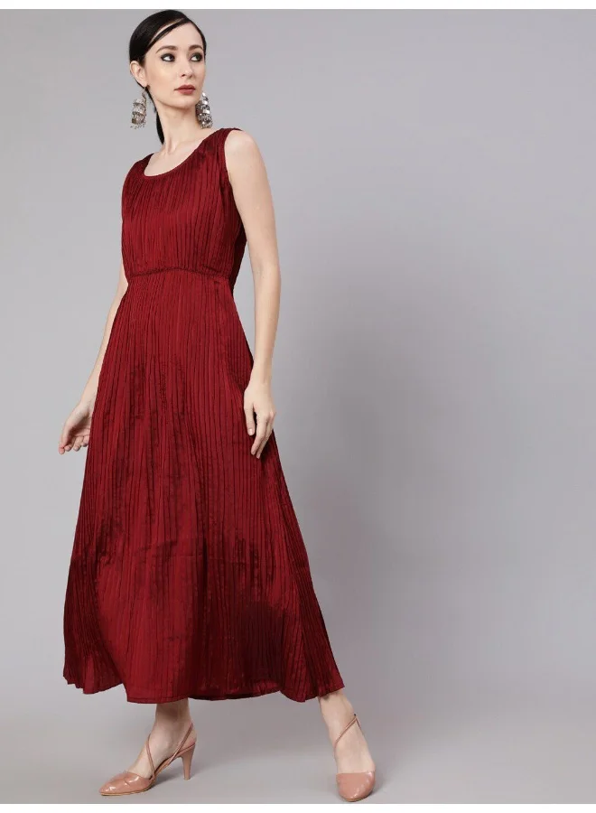 AKS  Maroon Taffeta Pleated Maxi Dress for Women | Best Price UAE