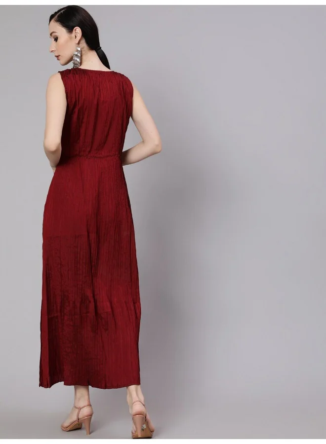 AKS  Maroon Taffeta Pleated Maxi Dress for Women | Best Price UAE