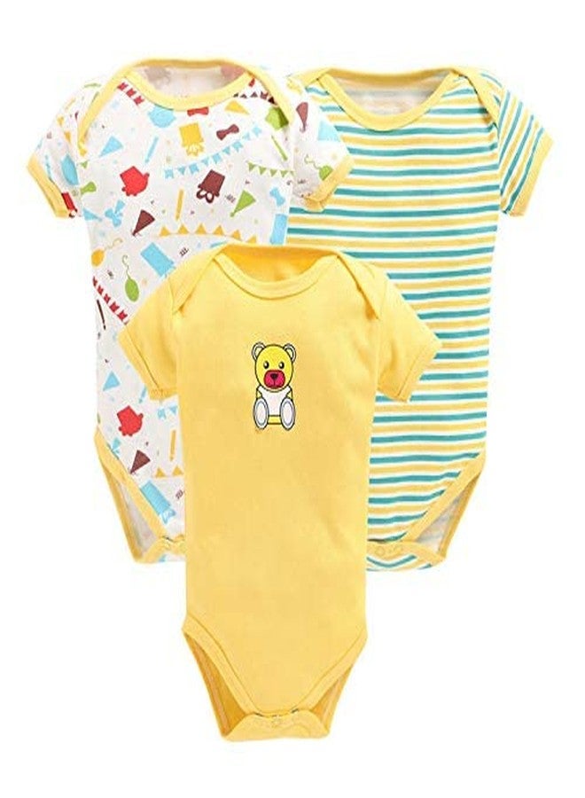 TiniBerry Cotton Baby Bodysuit Short Sleeve Half Romper Pack of 3 Soft & Comfortable for Kids (0-3 Months, Yellow) - Image 1