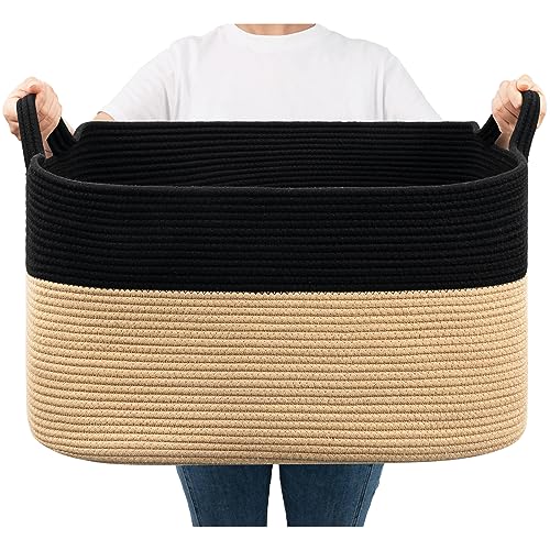 Goodpick Large Woven Storage Basket, 21.6" x 14.9" x 11.8" Rectangle Cotton Rope Laundry Basket with Handles, Baby Toy Blanket Storage for Living Room, Bedroom - Image 1