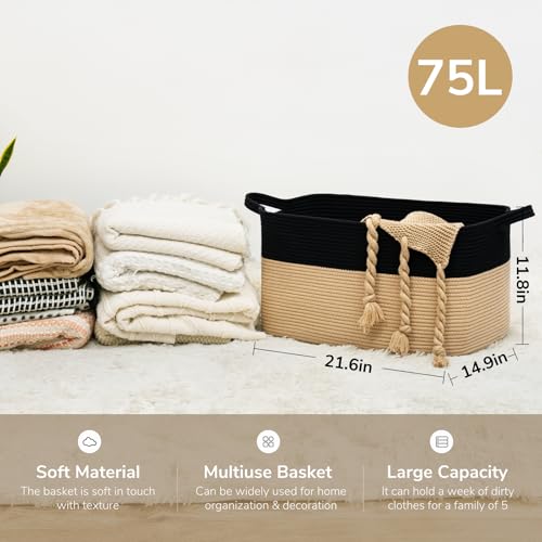 Goodpick Large Woven Storage Basket, 21.6" x 14.9" x 11.8" Rectangle Cotton Rope Laundry Basket with Handles, Baby Toy Blanket Storage for Living Room, Bedroom - Image 3