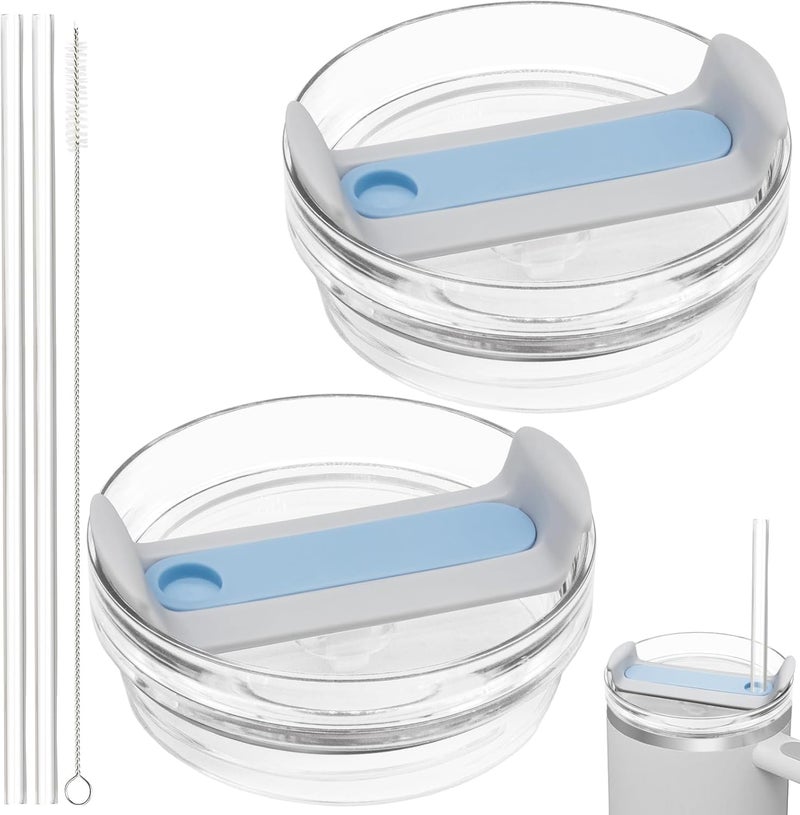 TiciKim 40oz Tumbler Lid Compatible for Stanley, 2 Pack Replacement Tumbler Lids Fit for Stanley Quencher 2.0 Tumbler 40 OZ, with Straws and Cleaning Brush (Fog Blue) - Image 1
