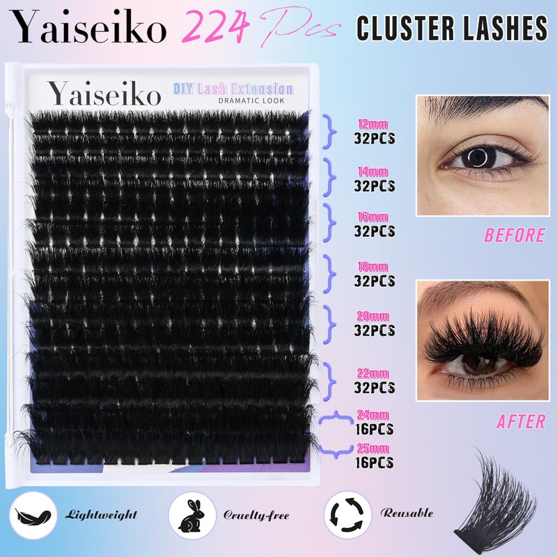 Yaiseiko Lash Clusters 300D Thick Long 12-25mm Volume Cluster Eyelash Extensions 224Pcs Wispy Individual Lashes D Curl Waterproof Eyelash Clusters Soft False Eyelashes DIY at Home, by Yaiseiko - Image 3