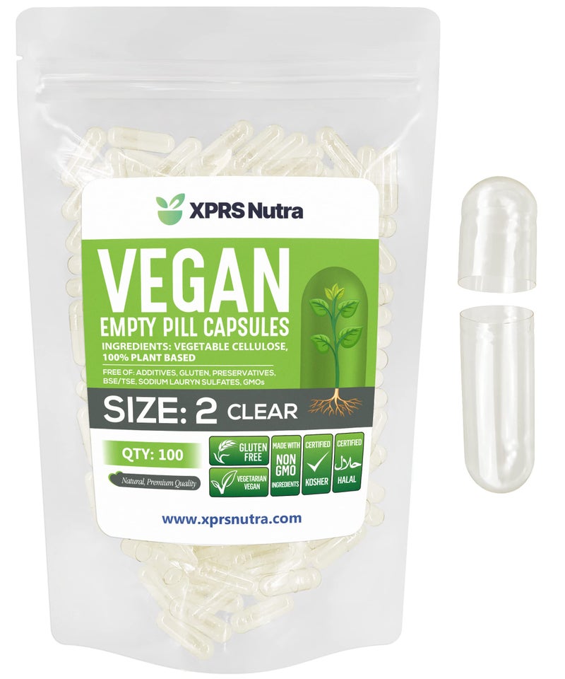 XPRS Nutra Size 2 Empty Capsules 100 Clear Empty Vegan Capsules Vegetarian Pill DIY Vegetable Capsule Filling Veggie Caps Pills