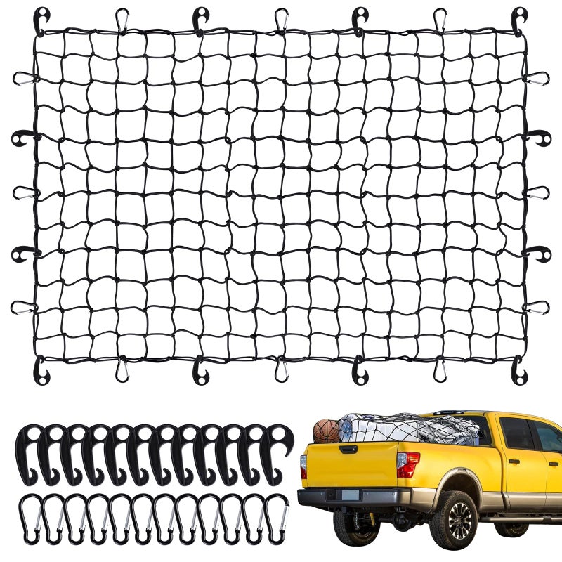 Heavy Duty Cargo Net for Pickup Truck Bed 4 x 6 Stretches to 10 x 15 Small 4x4 Latex Bungee Net Mesh with 24 Clips Compatible with Ford Chevy Dodge Ram Toyota