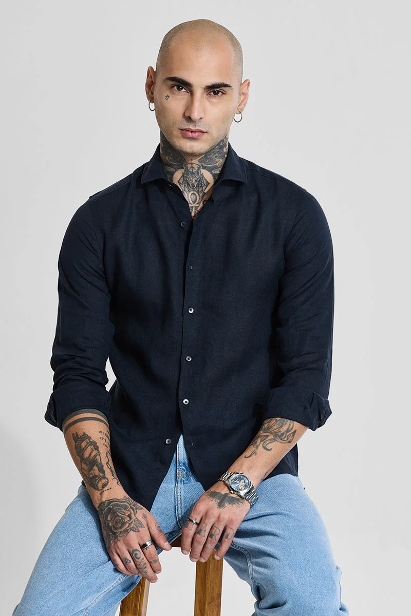 SNITCH Navy Slim Fit 100% Linen Shirt