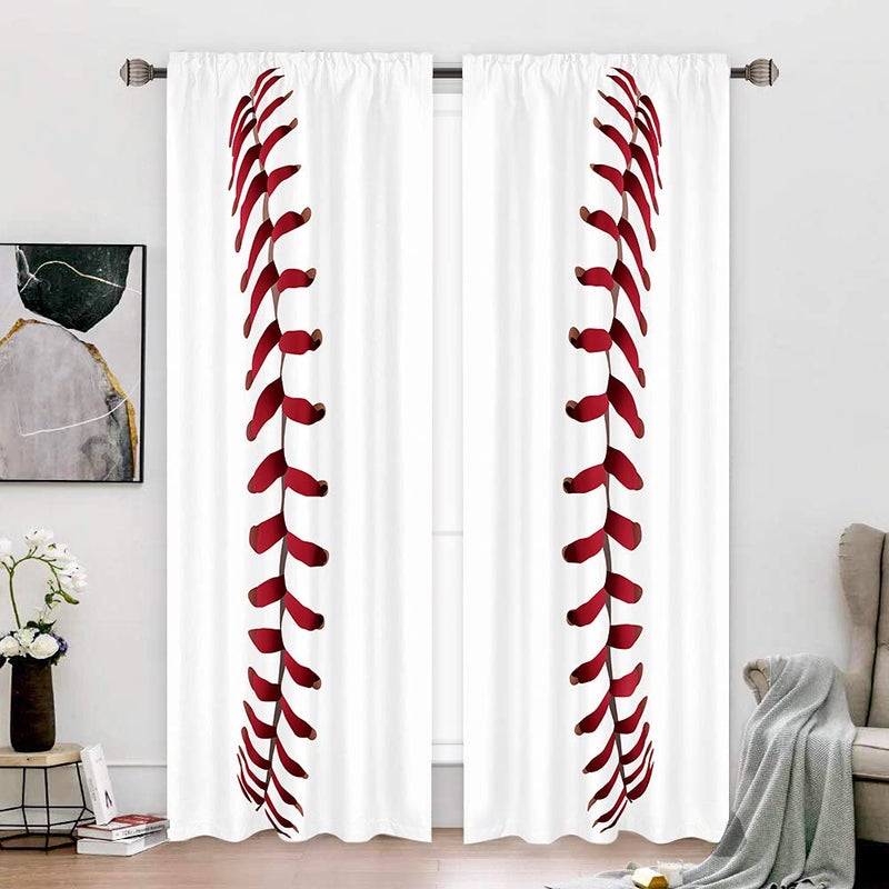 Cinbloo Kids Sports Curtains for Living Room 52W x 84L Inch Baseball ThemeBedroom Decor for Boys WhiteRed Baseball Texture Laces Closeup Background Men TeensWindow Drapes Treatment Fabric 2 Panels - Image 1